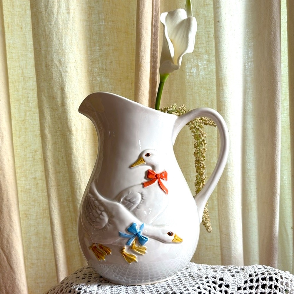Vintage Geese Otagiri Japan Pottery Pitcher Vase Country goose